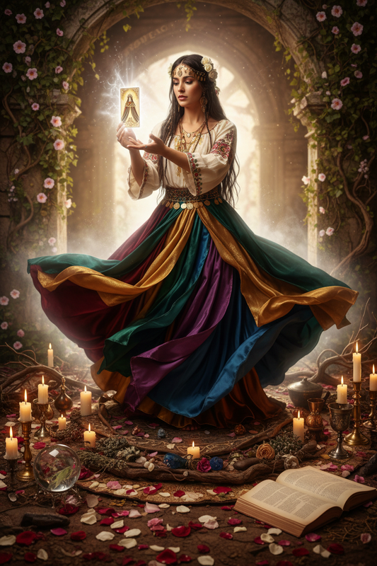 Cigana 7 Saias con sus 7 saias de colores, carta 68 del Tarot de la Luz Blanca, trabajo energético femenino